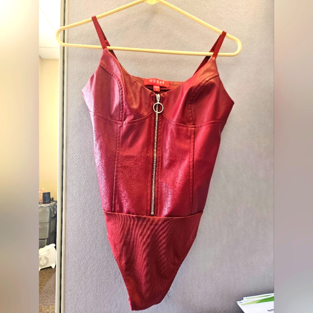 Guess Red Faux Leather Sweetheart Neckline Bodysuit Size Small EUC